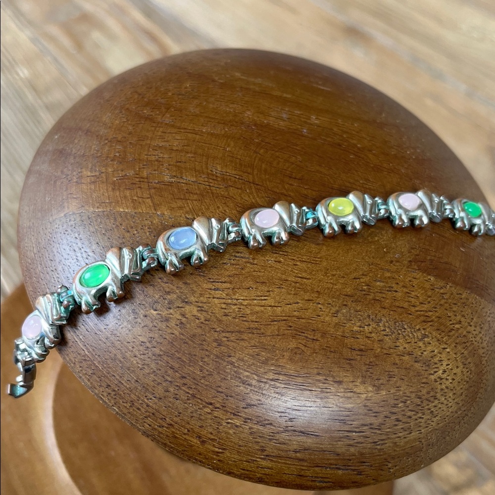 Vintage Silver Elephant Bracelet with Multicolor Inset Stones